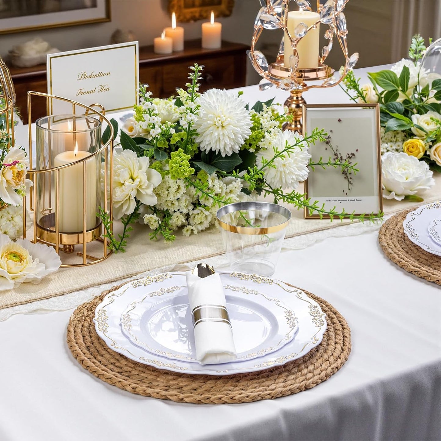 U-QE 175 Pieces Gold Plastic Plates and Napkins Party Supplies - White and Gold Dinnerware Set 25 Guest - 25 Dinner Plate, 25 Dessert Plates, 25 Per Rolled Napkins with Gold Cutlery, 25 Cups 9 OZ