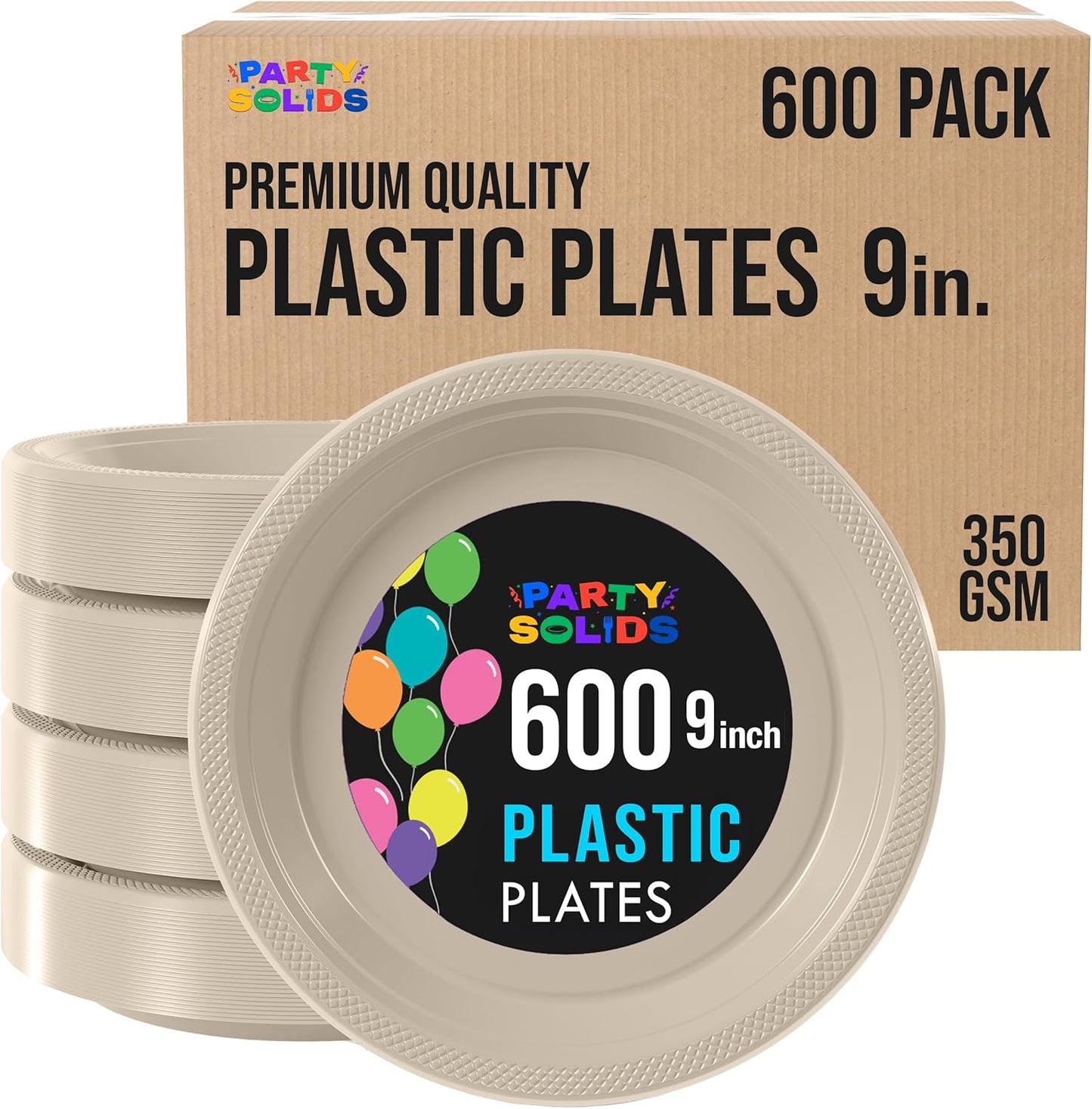 Party Solids Ivory Plastic Plates Bulk 9" Ivory Disposable Plates For Party Supplies 600 Pieces Disposable Dinner Plate Heavy Duty 350 GSM Plate Sets, Plastic Dinnerware Sets