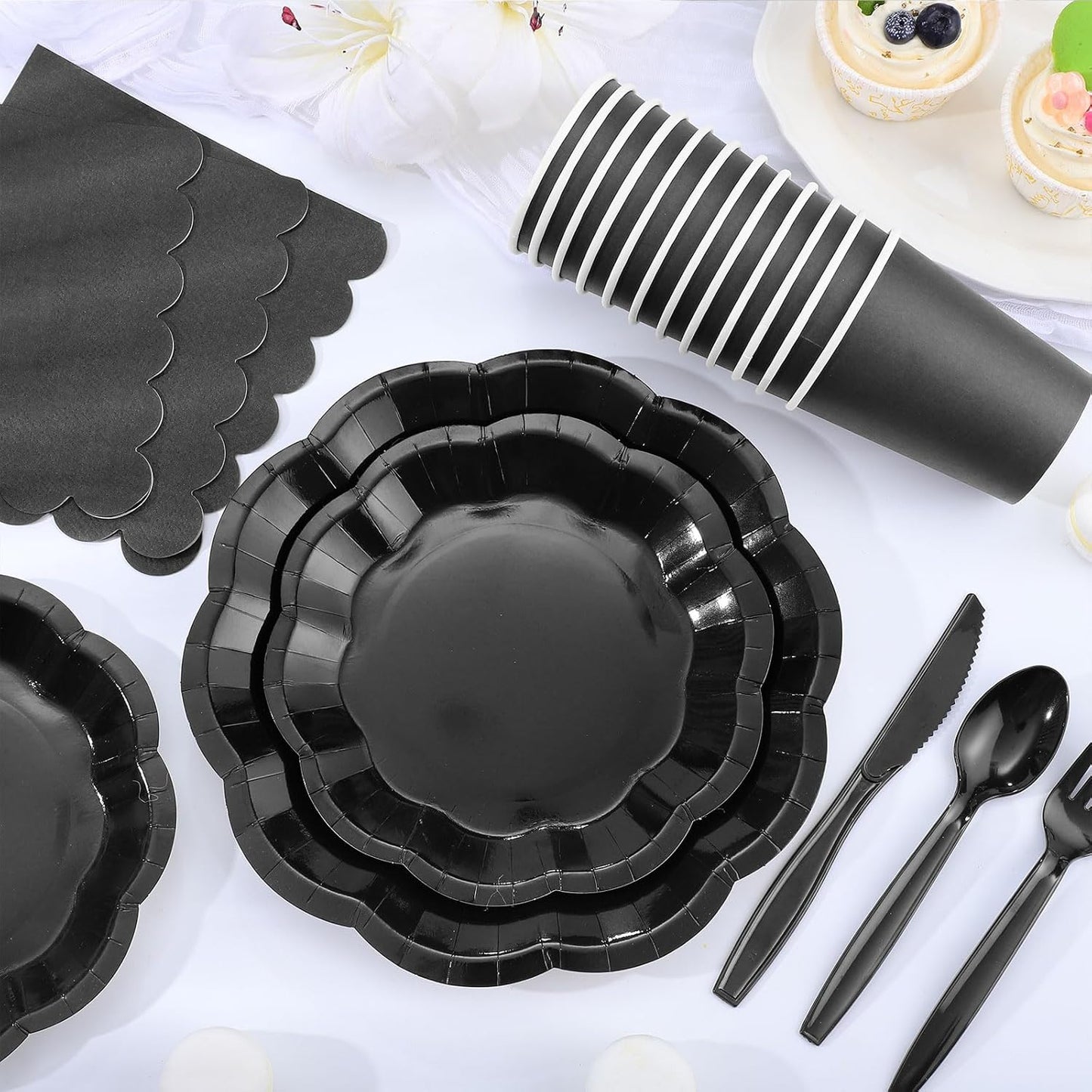 175 Pcs Black Plates and Napkins Set, 25 Guest Black Party Supplies Include Scalloped Plate Paper Napkin Cup Forks Knives Disposable Plastic Cutlery for Wedding New Year Birthday Holiday Party