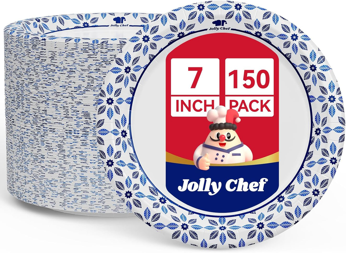 JOLLY CHEF 7 inch Disposable Paper Plates 150 Count, Soak Proof, Cut Proof, Heavy Duty Paper Plates for Everyday Use