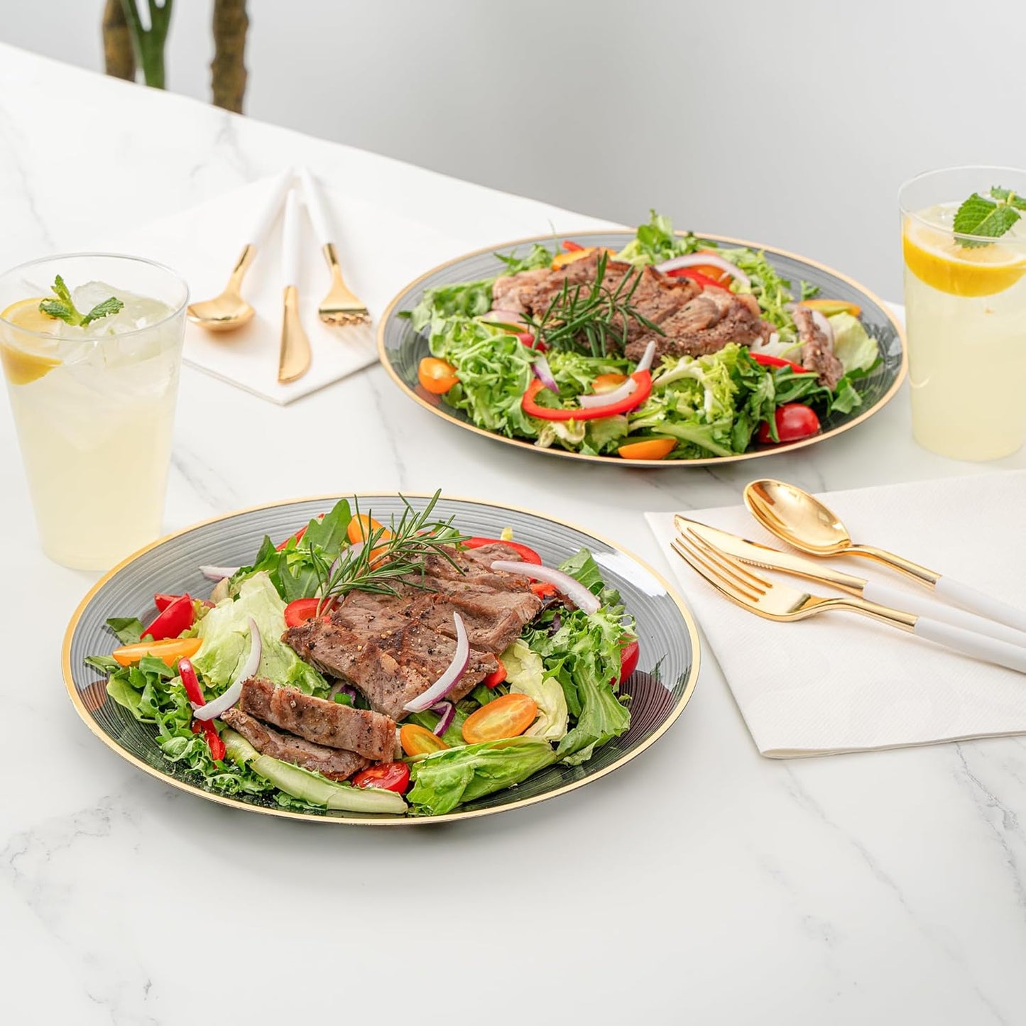 Restaurantware Plastic Plates 20 Pcs 10" Gold Rimmed Disposable Plates Heavy-Duty Black Translucent Rippled Plastic Dinner Servers for Party, Weddings, Salads, Desserts, and Appetizers