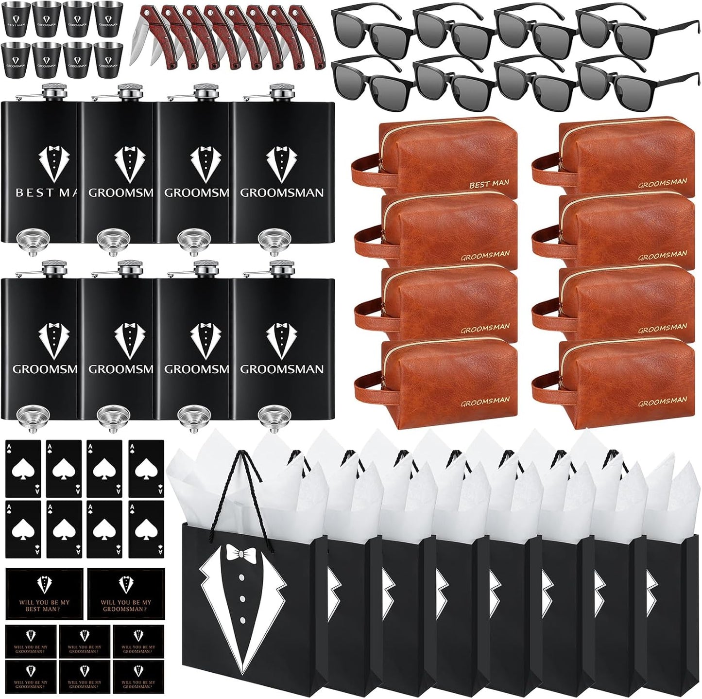 80Pcs Groomsmen Gifts Groomsmen Proposal Box with Flasks Sunglasses PU Leather Toiletry Bag Bottle Opener for Wedding Groomsman Best Man Gift (80, Brown)