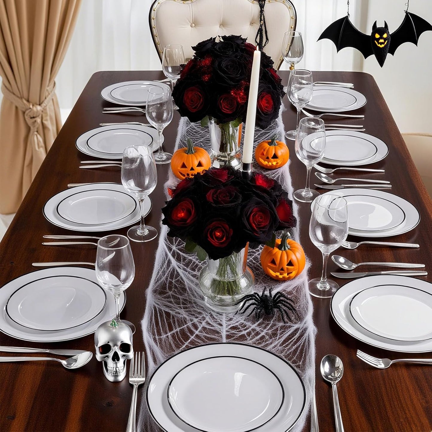 LIYH 120 Pcs White Plastic Plates with Black Rim - Halloween Plates Disposable Plate Dishes for Party Wedding Includes 60 Dinner 10.25" & 60 Dessert Plate 7.5" for Party Birthdays Halloween 60 Guests