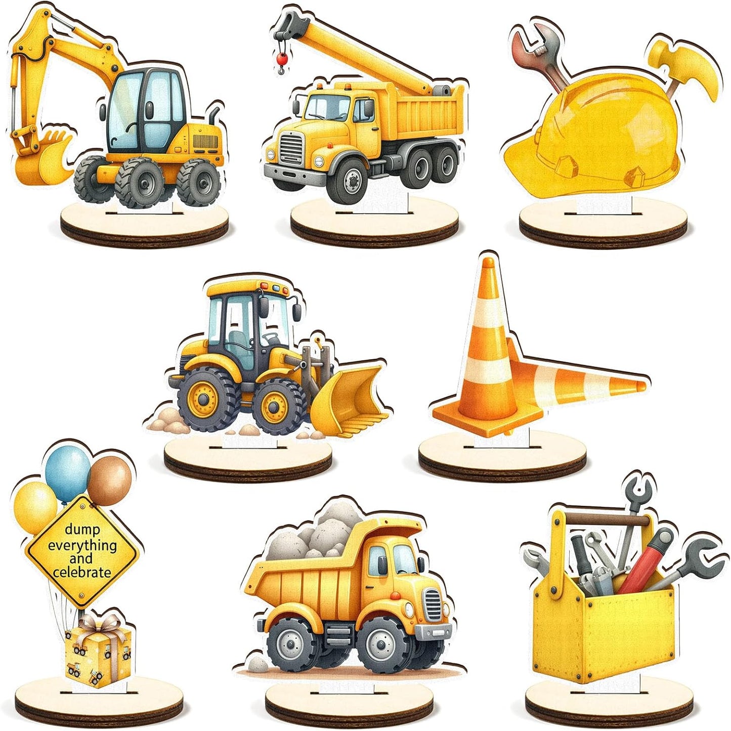 16 Pcs Wooden Construction Party Table Centerpiece Excavator Tractor Tabletop Detachable Sign Display Decoration Orange Black Yellow Baby Shower Birthday Table Toppers Photo Props Favor Supplies