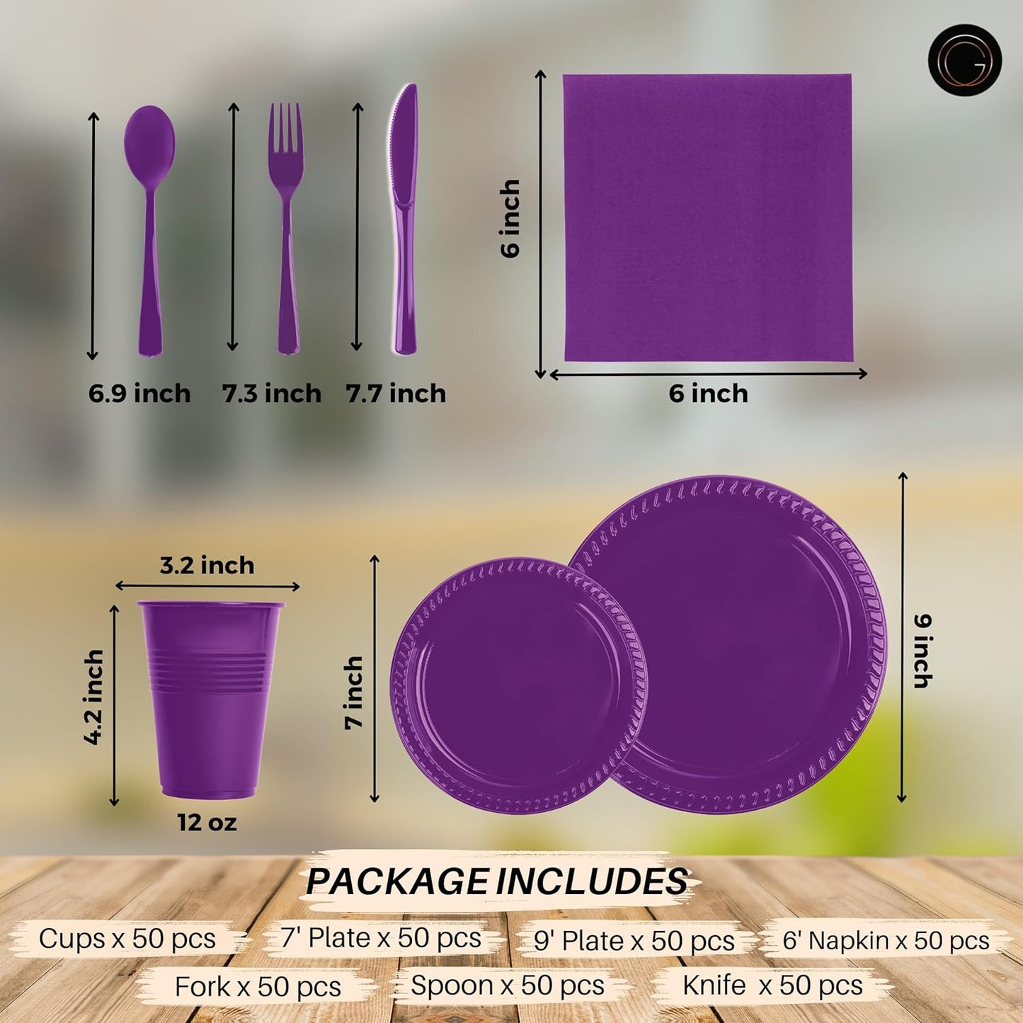 Grandipity 350 Piece Purple Disposable Dinnerware Set, Includes 50 of Each: 9" Dinner Plates, 7" Dessert Plates, 12oz Cups, Paper Napkins, Forks, Knives & Spoons