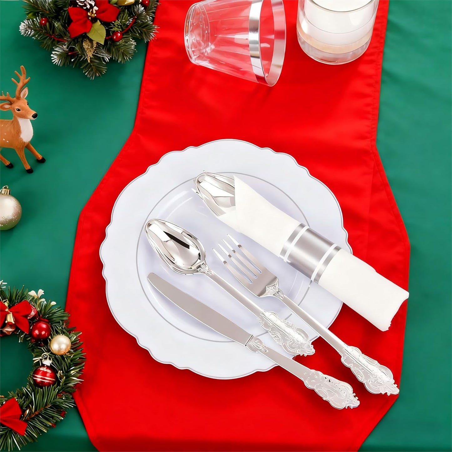 Liacere 350PCS Silver Plastic Plates-Disposable White and Silver Plates 50guest Baroque Plastic Dinnerware Set include 100Plates, 50Pack Pre Rolled Napkins with Silverware 50Cups Perfect for Christmas