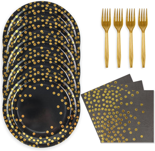 48PCS Black and Gold Plates and Napkins Party Supplies, Gold Dot Disposable Paper Plates and Napkins with Forks Tableware Set for Birthday Wedding Retirement Graduation Party Decorations 16 Guests
