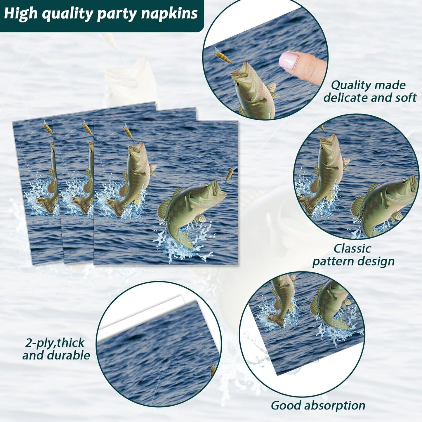 ZOIIWA 200 PCS Gone Fishing Tableware Disposable Paper Plates Napkins Fishing Tournament Birthday Party Supplies Dinnerware Set Napkins Party Decoration Serve 50 guest