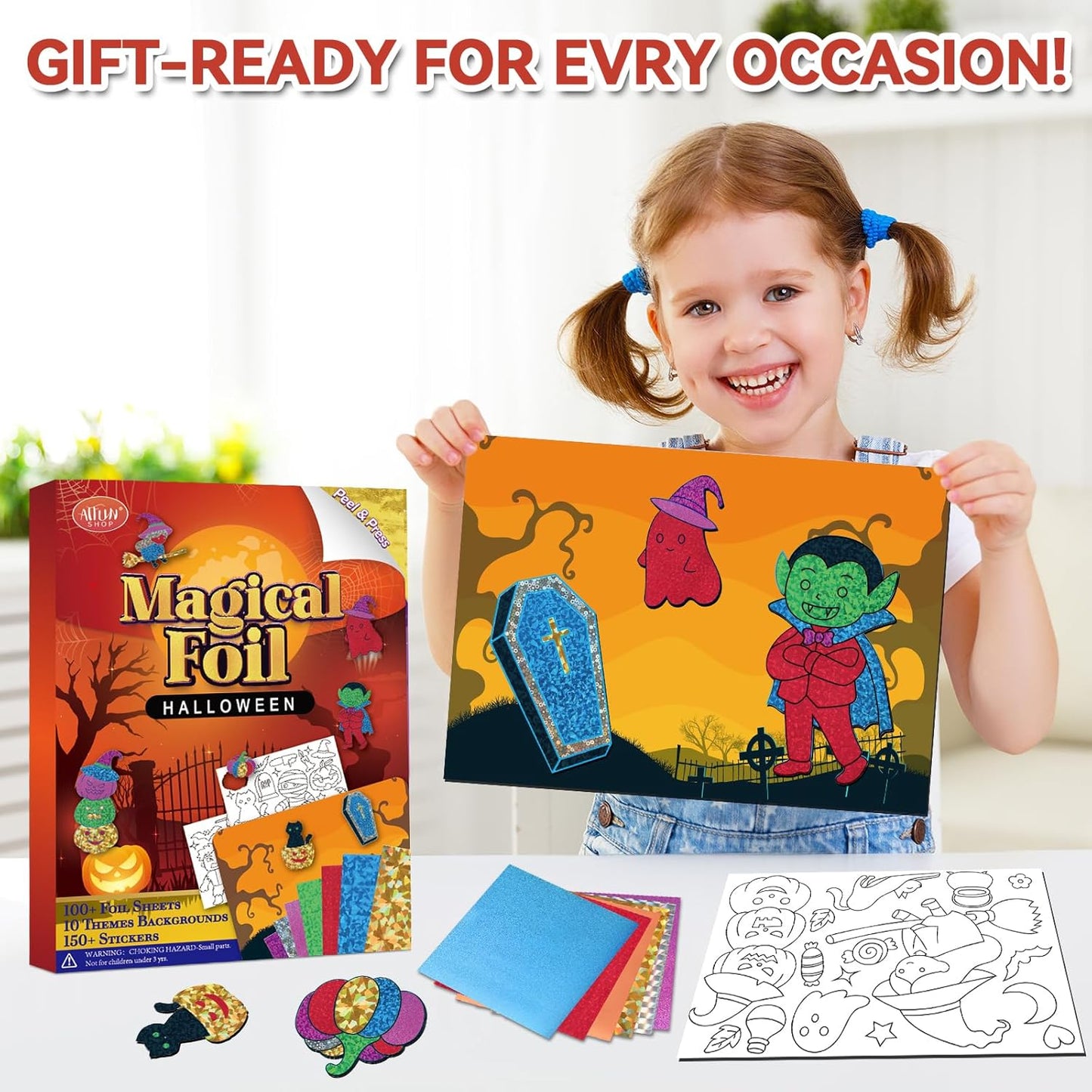 Halloween Crafts for Kids Foil Art No Mess Foil Craft Toy for Kids Ages 4 5 6 7 8 9 10, DIY Activity Kit with Spooky Ghosts, Pumpkins & Bats,Halloween Party Favors Toys & Games for Boys and Girls