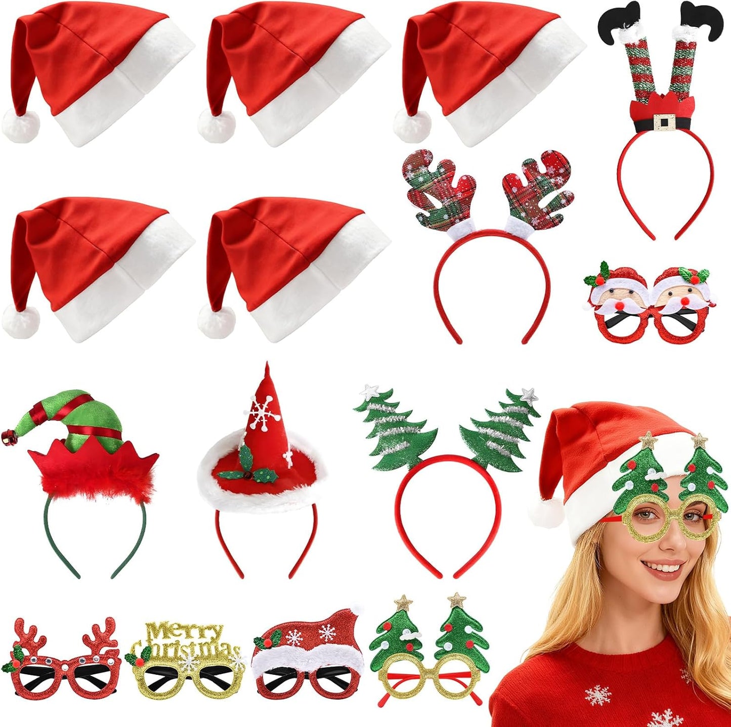 15 Pcs Christmas Headwear Headbands and Glasses Set – Santa Hats, Reindeer Antlers, and Festive Party Accessories for Xmas Dress-Up, Photo Booth Props, and Holiday Celebrations
