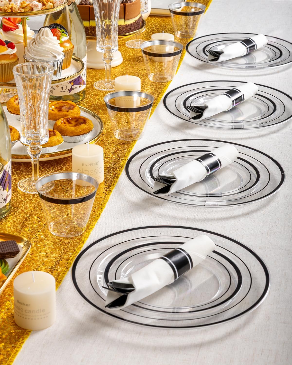 Goodluck 350 Piece Black Plastic Plates, Clear Plastic Silverware Disposable Plates Set, Include 100Plates, 50Pack Pre Rolled Napkins with Silverware, 50Cups for Party, Wedding, Graduation
