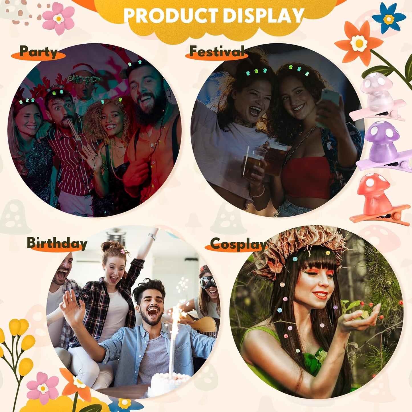 30 Pcs Mini Glow Hair Clips Girls Rave Hair Clips for Women Christmas Music Festival Holiday Party Supplies (Classic Mushroom)