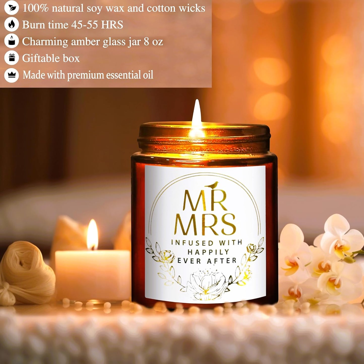 Wedding Gifts for Bride, Groom - Mr and Mrs Candle - Happy Engagement Gift for Her, Bride to Be - Gifts for Bridal Shower, Newlywed, Married Couples Anniversary - Jasmine Scented Soy Candle