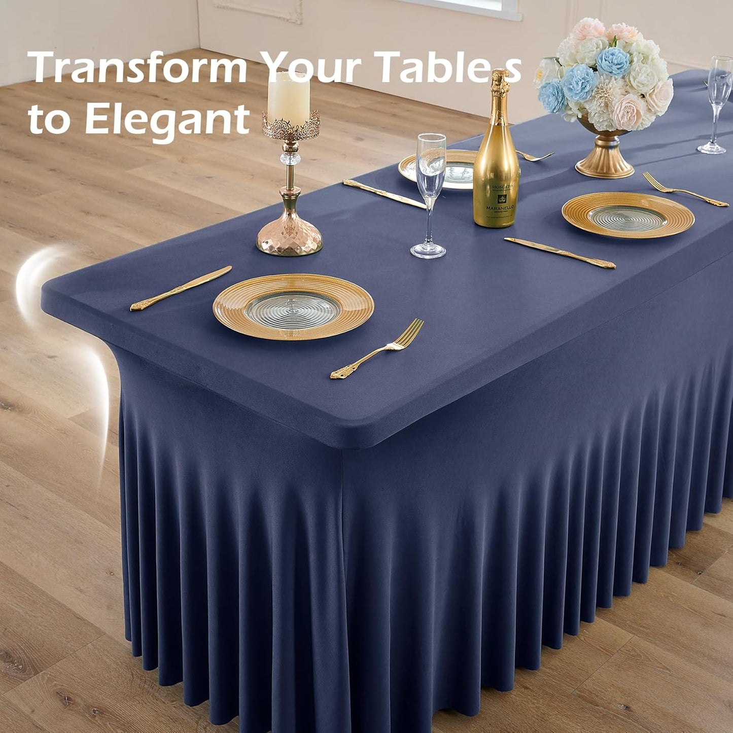 2 pk Navy Blue Spandex Tablecloth 8ft With Ruffle Table Skirt, Wrinkle Free Stretchy Fitted Tablecloths for 8 Foot Rectangle Tables, Elastic Spandex Table Covers 8ft for Weddings Parties Banquet Craft