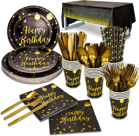 201 Pieces Gold Disposable Party Dinnerware Set &Golden Dot Birthday Black Paper Plates Napkins Cups, Gold Plastic Forks Knives Spoons (25 Guests)