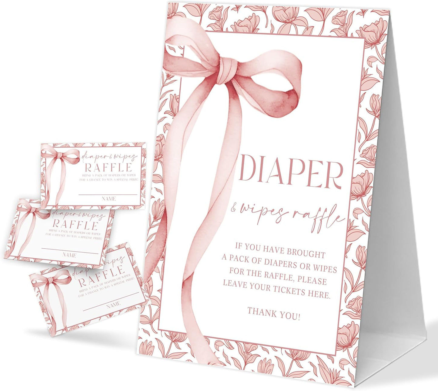 Pink Bow Baby Shower Games, 1 Diaper Raffle Sign And 50 Baby Shower Raffle Tickets, Baby Shower Table Decorations for Baby Shower and Gender Reveal Party, Reveal Party Supplies, Baby Shower Gifts-3