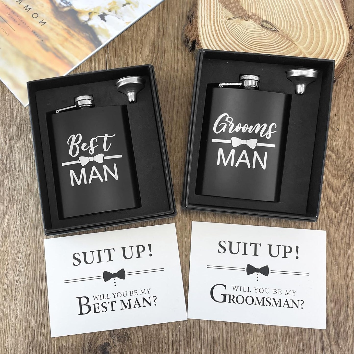ELEGANTPARK Engraved Groomsman Flasks Set of 6 Best Man Groomsmen Proposal Gifts Wedding Bachelor Party Favor Stainless Steel Hip Flask for Liquor with Funnel for Men 8 OZ Black ﻿