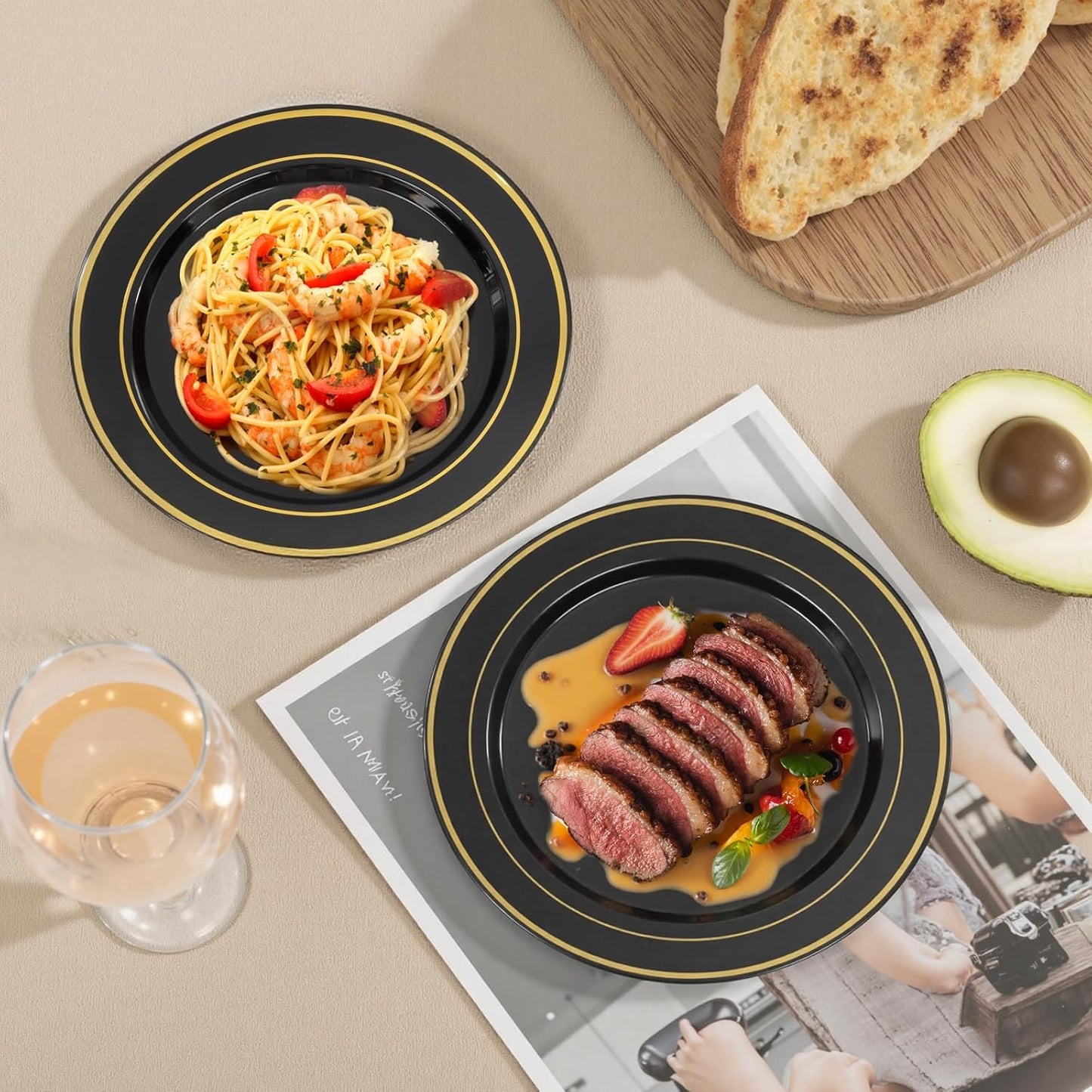 bUCLA 200PCS Black and Gold Plastic Plates - 6.25inch Black with Gold Rim Disposable Dessert/Salad/Appetizer/Small Cake Plates - Ideal for Party & New Year