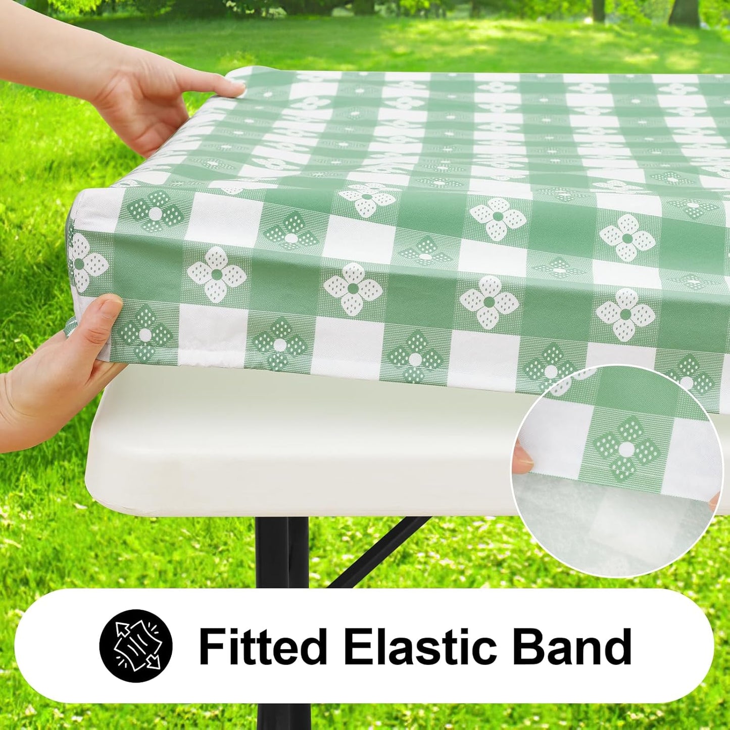 Rectangle Vinyl Table Cloth, Waterproof Elastic Fitted Tablecloth with Flannel Backing, Plastic Table Cover for Picnic, Camping, Outdoor (White & Sage Green, 30"x60")