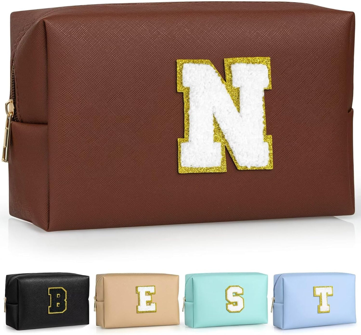 TOPEAST Preppy Stuff Cute Makeup Bag Small Cosmetic Bag Travel Toiletry Bag, Personalized Birthday Wedding Gifts for Mom Teacher Friends Bridesmaids, Preppy Travel Stuff for Girls (Brown N)