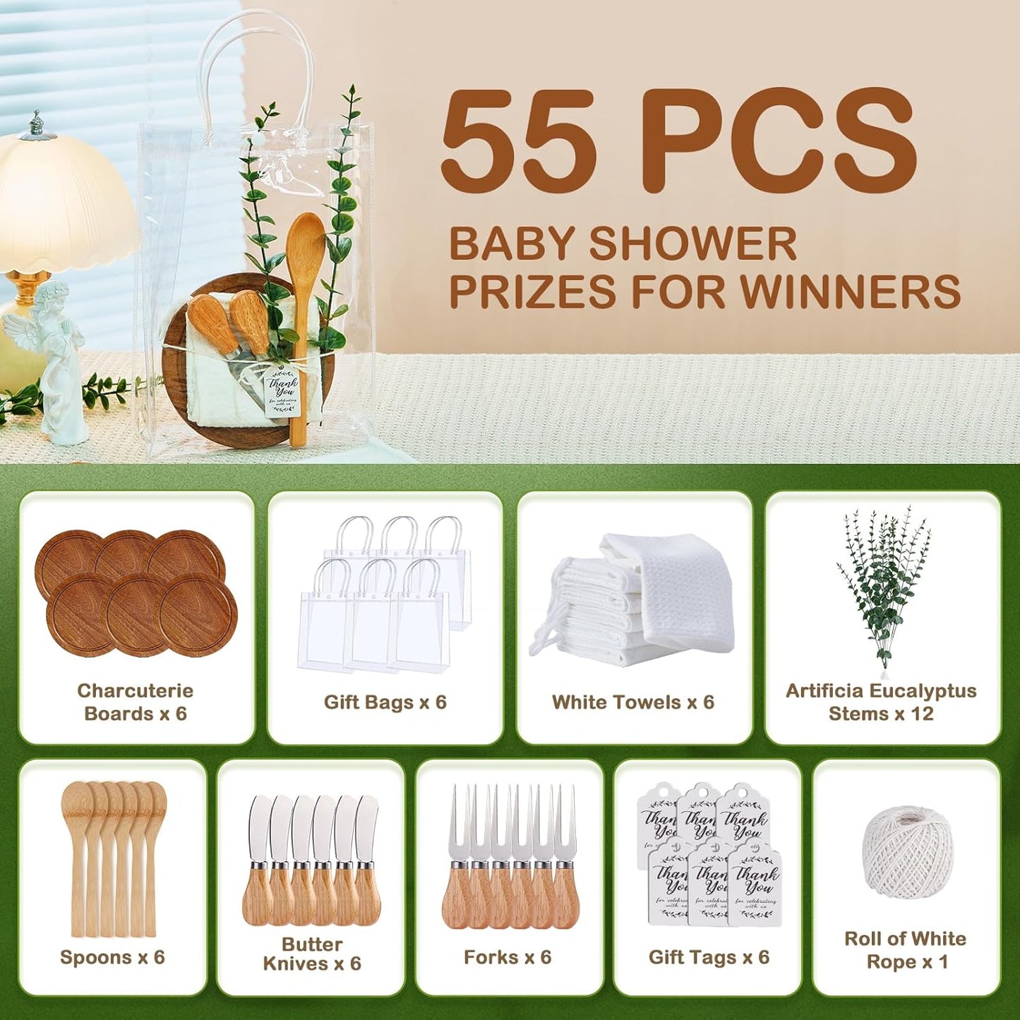 55Pcs Baby Shower Prizes for Game Winners 6 Sets Cheese Board Spoon Fork Butter Spreaders Plaid Towel Thank You Card and Gift Bags for Baby Shower Wedding Bridal Shower Favors (Round Shaped)