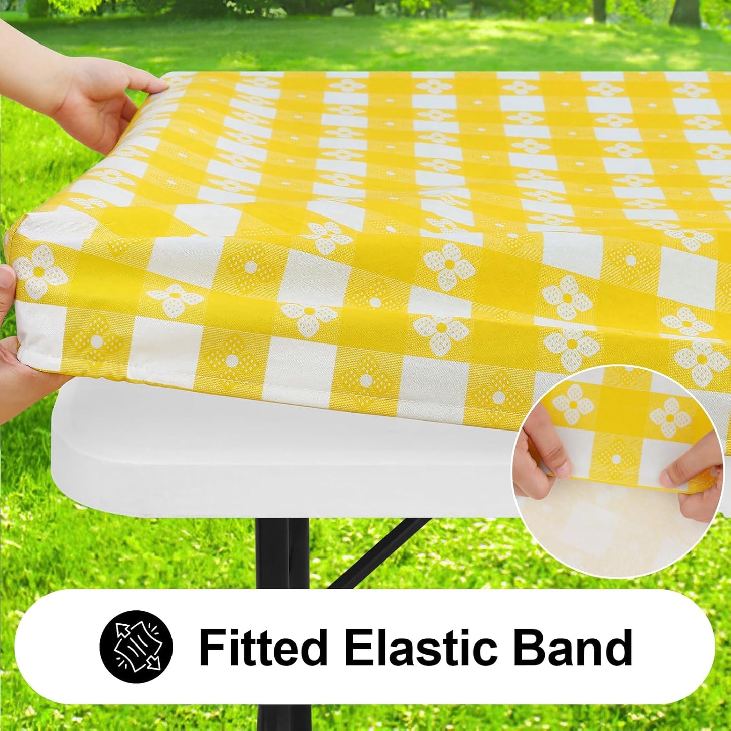 Rectangle Vinyl Table Cloth, Waterproof Elastic Fitted Tablecloth with Flannel Backing, Plastic Table Cover for Picnic, Camping, Outdoor (White & Yellow, 30"x96")