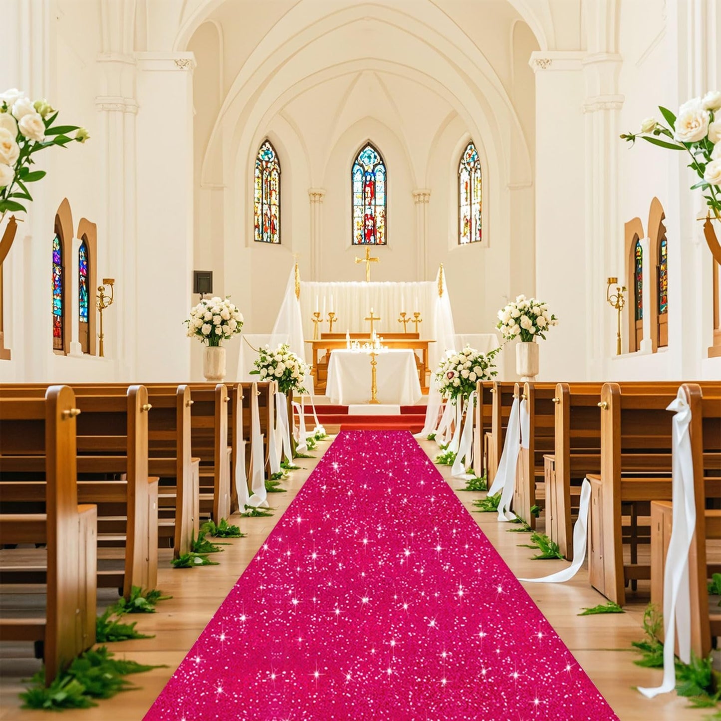 FUHSY Hot Pink Aisle Runner for Wedding 4FT x 20FT Sparkly Sequin Aisle Runner Rug Wedding Carpet Runner for Prom Glitter Aisle Runners Pink Runner Rug for Outside Bridal Shower Party Events