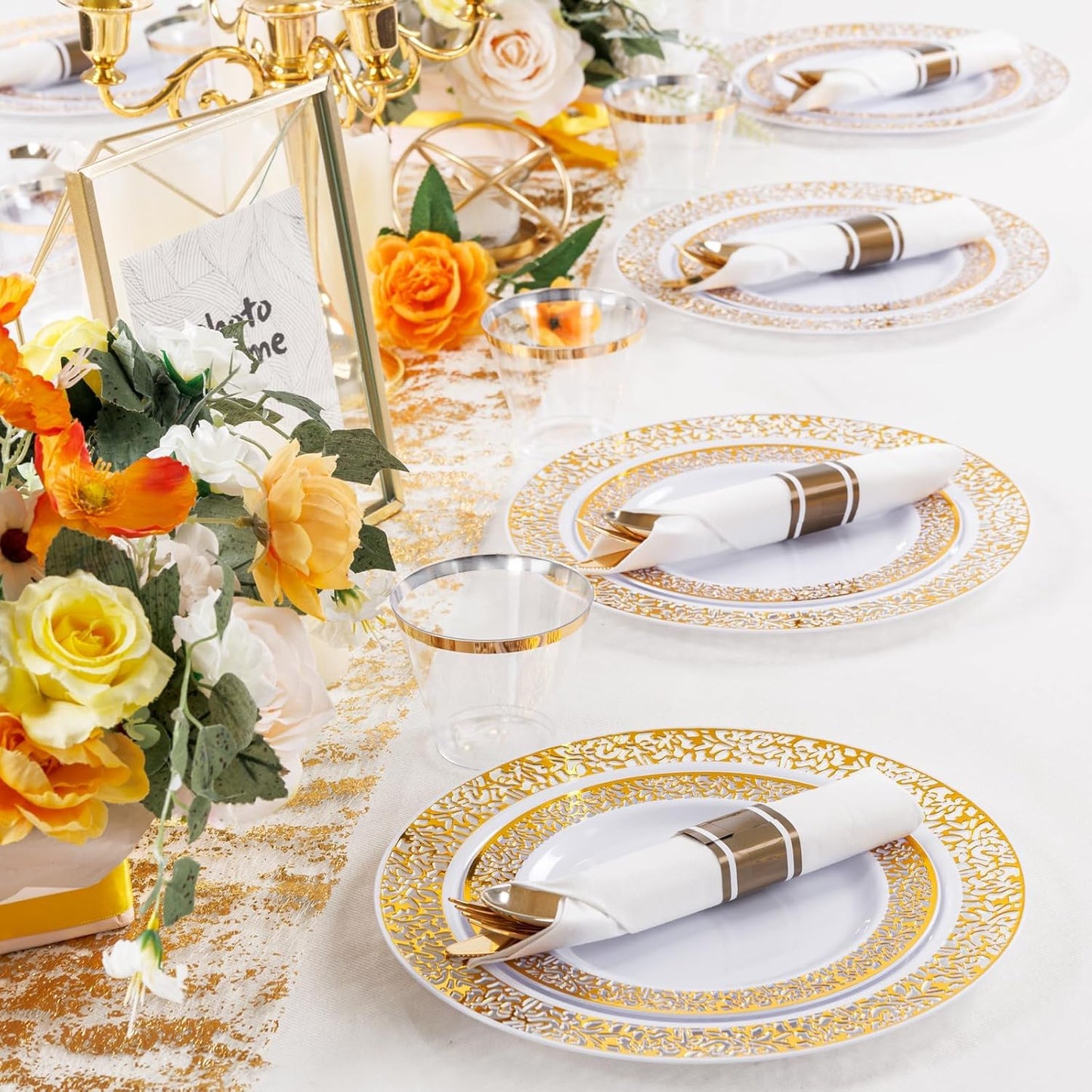 WELLIFE 100 Guests Dinnerware Sets, Gold Plastic Plates，Platos Para Fiestas Elegantes Desechables Include:100 Dinner Plates,100 Dessert Plate,400 Pcs Gold Plastic Silverware, 100 Cups for Party