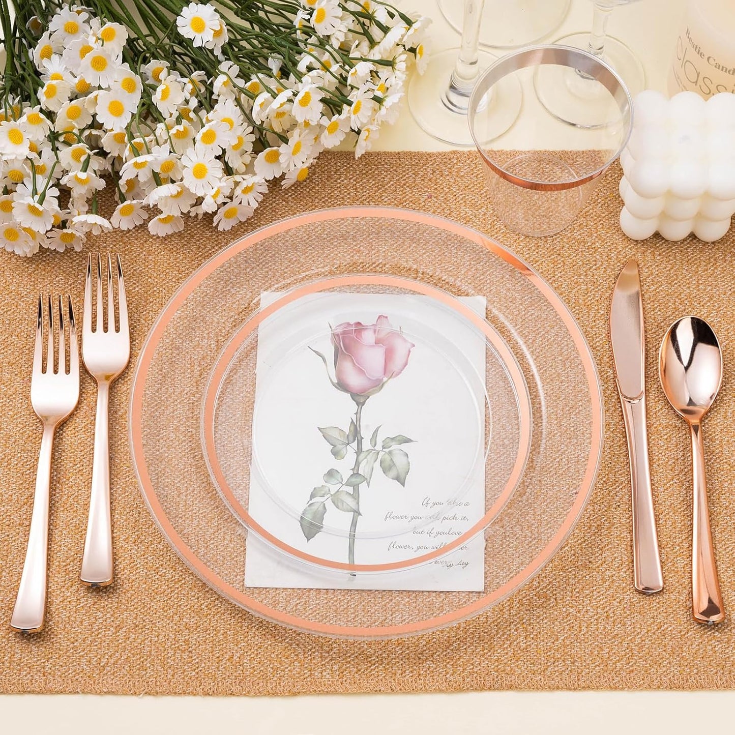 200PCS Rose Gold and Clear Plastic Plates, Rose Gold Disposable Plate Set with 100 Dinner Plates and 100 Dessert Plates for Party