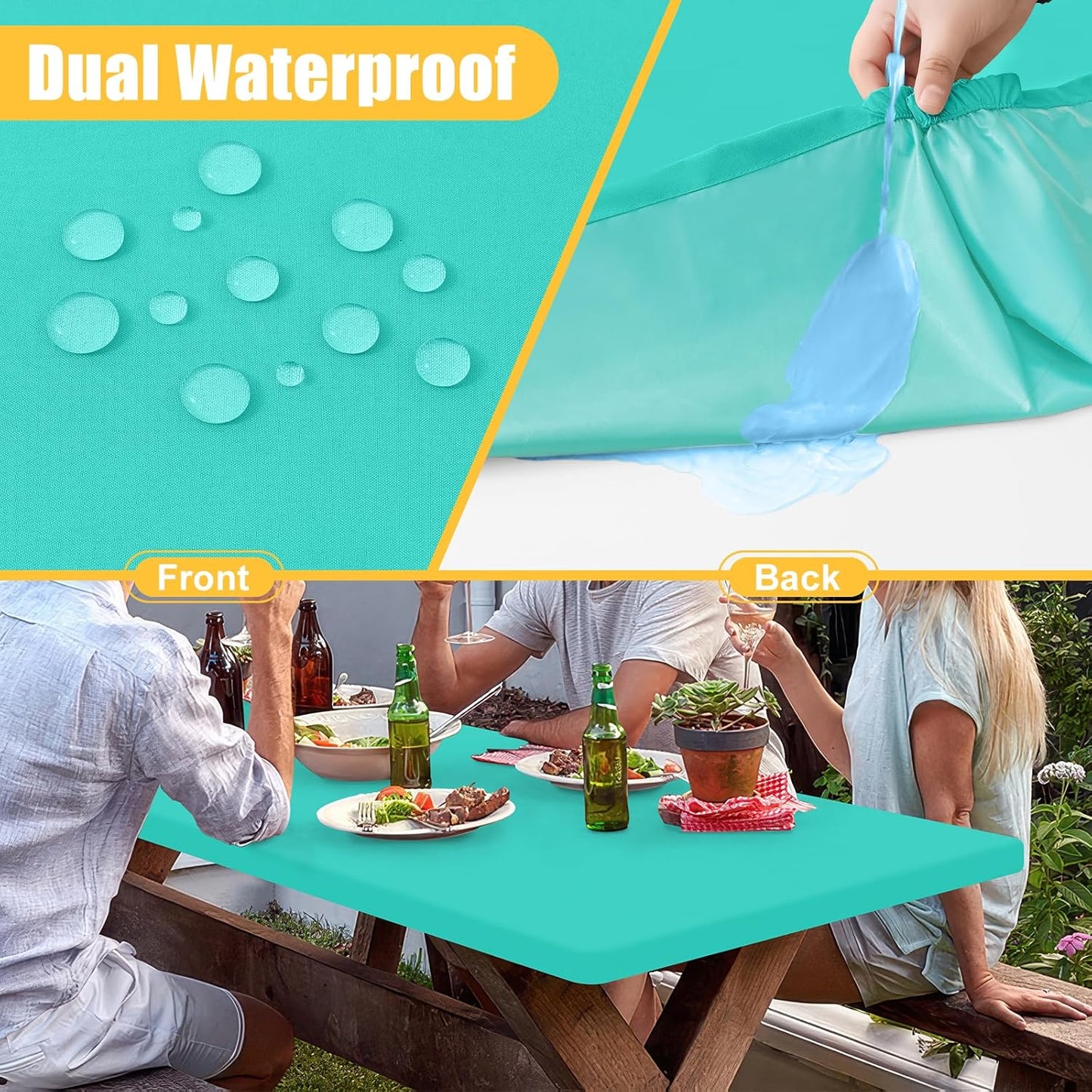 Rectangle Table Cloth, Waterproof Elastic Fitted Tablecloth for 8 Foot Folding Tables, Washable Polyester Tablecloths for Picnic, Camping, Outdoor (Aqua, 30"x96")