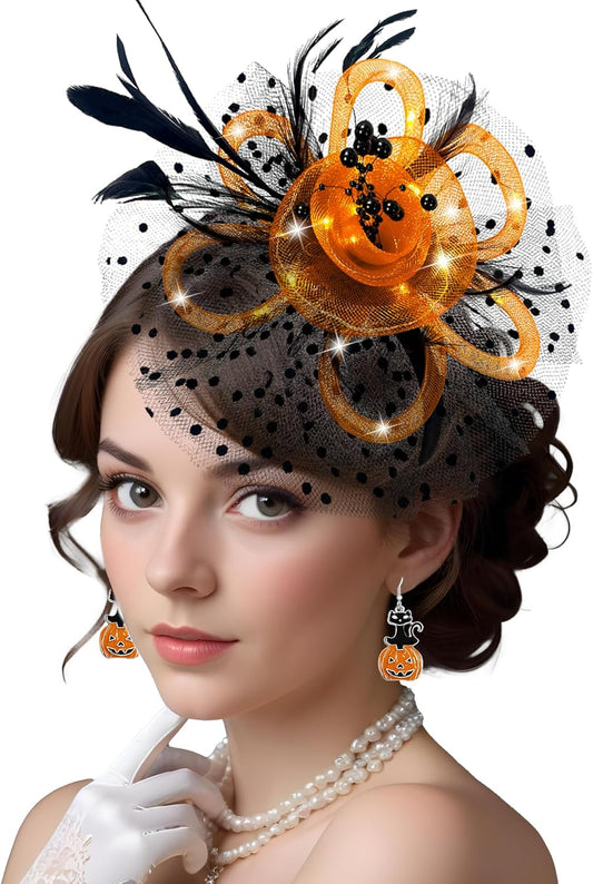 Fascinator Hat for Women LED Light up Tea Party Hats Mesh Veil Headband for Women