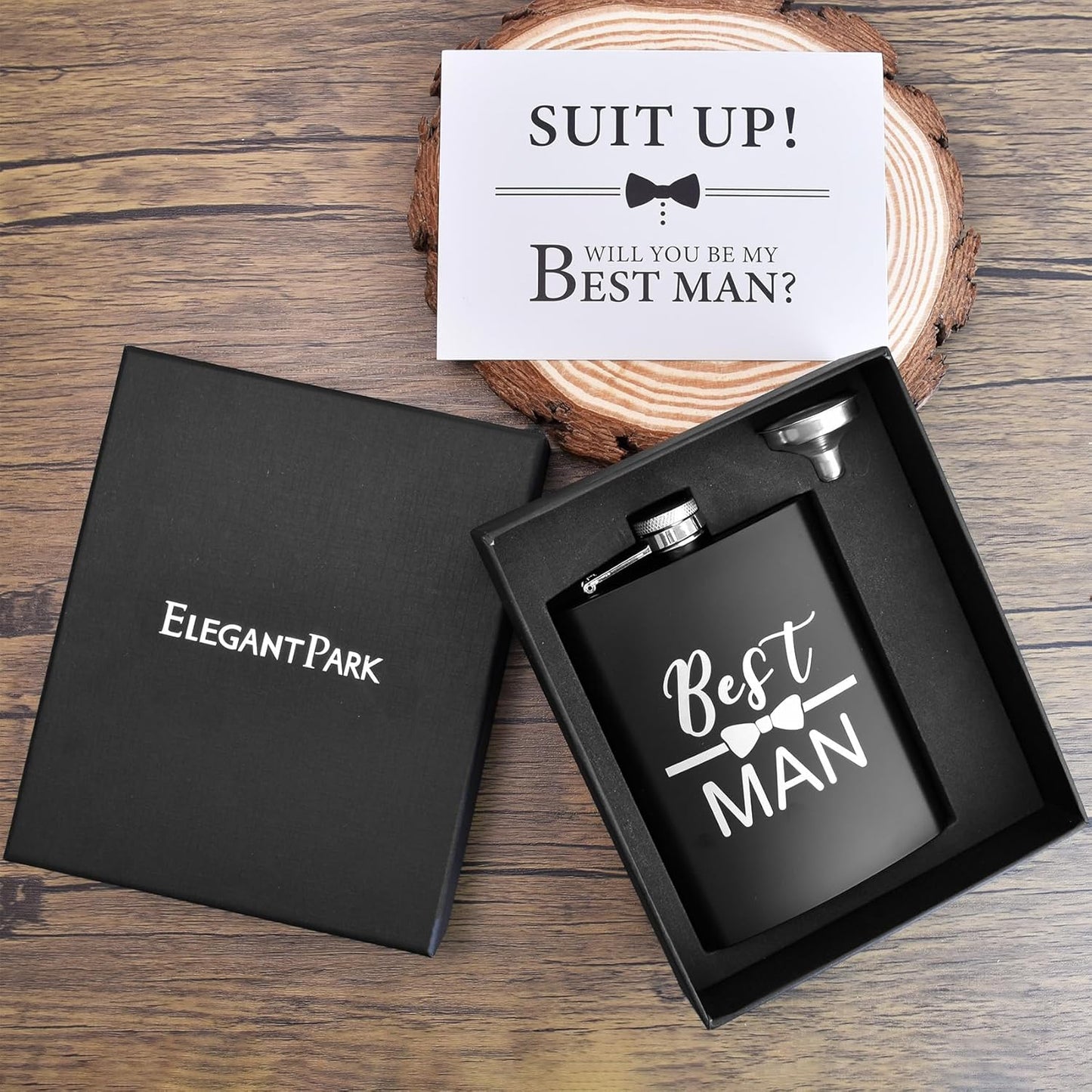ELEGANTPARK Engraved Best Man Flask Best Man Groomsmen Gifts Groomsmen Proposal Gifts Wedding Bachelor Party Favor Stainless Steel 8 OZ Black Hip Flask for Liquor with Funnel