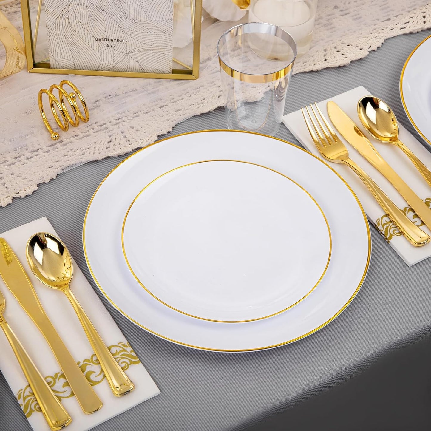 Supernal 350pcs White and Gold Plastic Plates,Gold Plastic Dinnerware for 50 Guests Include 100 White Disposable Plate, 150 Gold Silverware Set, 50 Disposable Cups, 50 Napkins