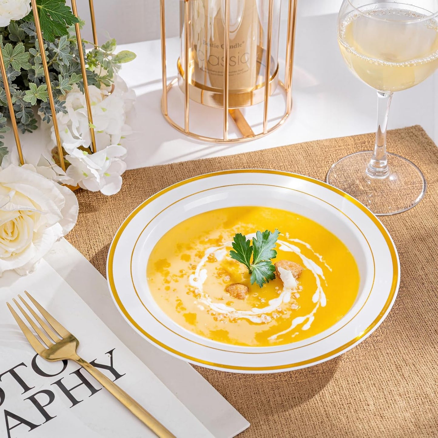 bUCLA 120 Pack Disposable Plastic Bowls Gold Trim 12oz - Elegant Party Bowls Disposable for Salad, Soup, Dessert, Ideal for Wedding & Thanksgiving