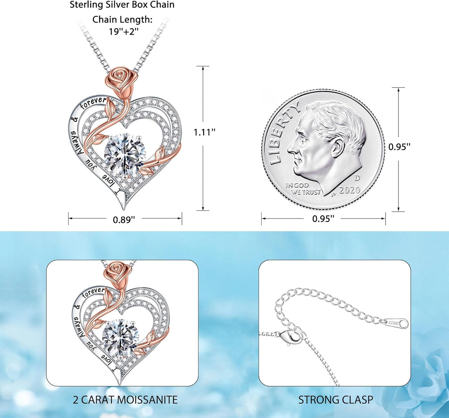 MOOSEA Rose Heart Moissanite Necklace for Women, 1-3 ct D Color VVS1 Clarity 925 Sterling Silver Moissanite Pendant Necklace Anniversary Birthday Gifts for Mom Wife Girlfriend Christmas Jewelry Gifts