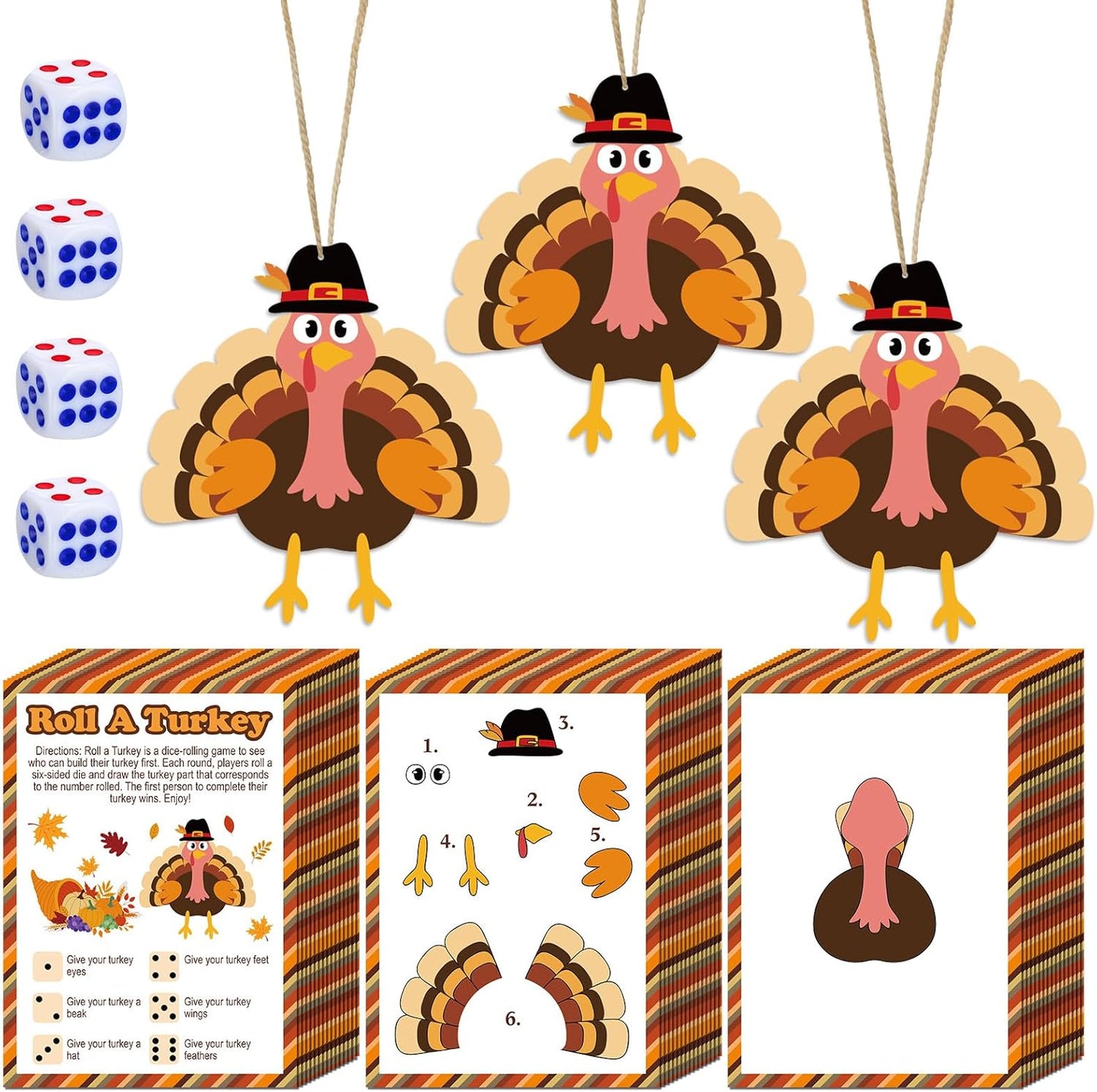 84 Pcs Roll a Turkey Game Thanksgiving Dice Game Include 40 Cards, 40 Turkey Stickers and 4 Dice Thanksgiving Friendsgiving Activities for Family Classroom Harvest Party Supplies
