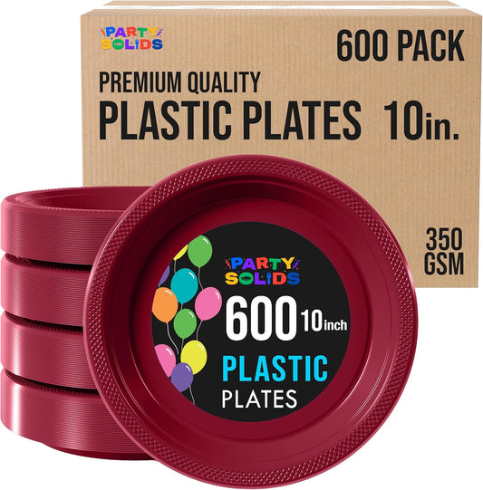 Party Solids Burgundy Plastic Plates Bulk 10" Burgundy Disposable Plates For Party Supplies 600 Pieces Disposable Dinner Plate Heavy Duty 350 GSM Plate Sets, Plastic Dinnerware Sets