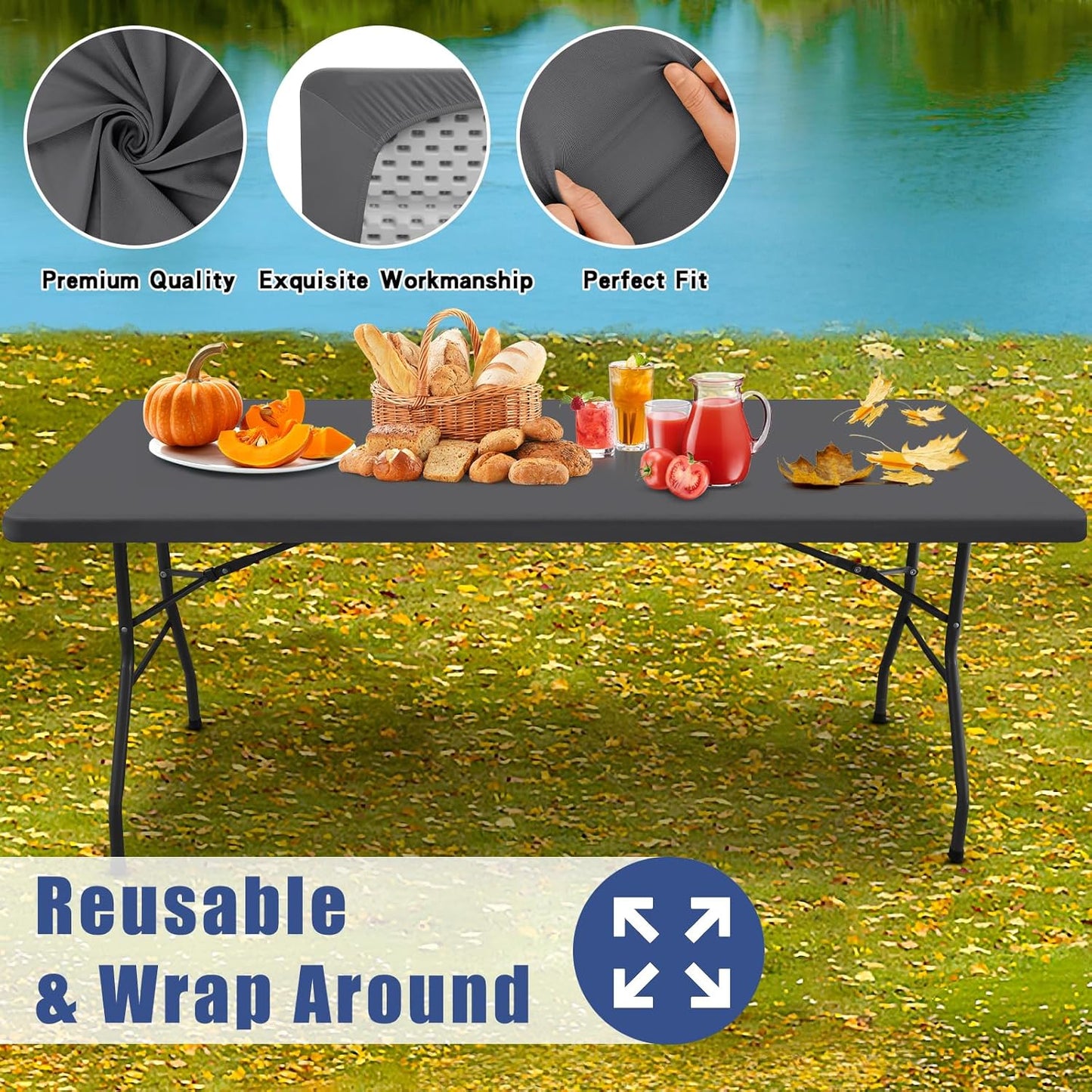 Spandex 8 Foot Rectangle Table Cloth 2 Pack, Elastic Fitted Tablecloths for Picnic, Stretch Washable Patio Table Cover for Outdoor, Camping, Banquet and Parties (Dark Grey, 30"x96")