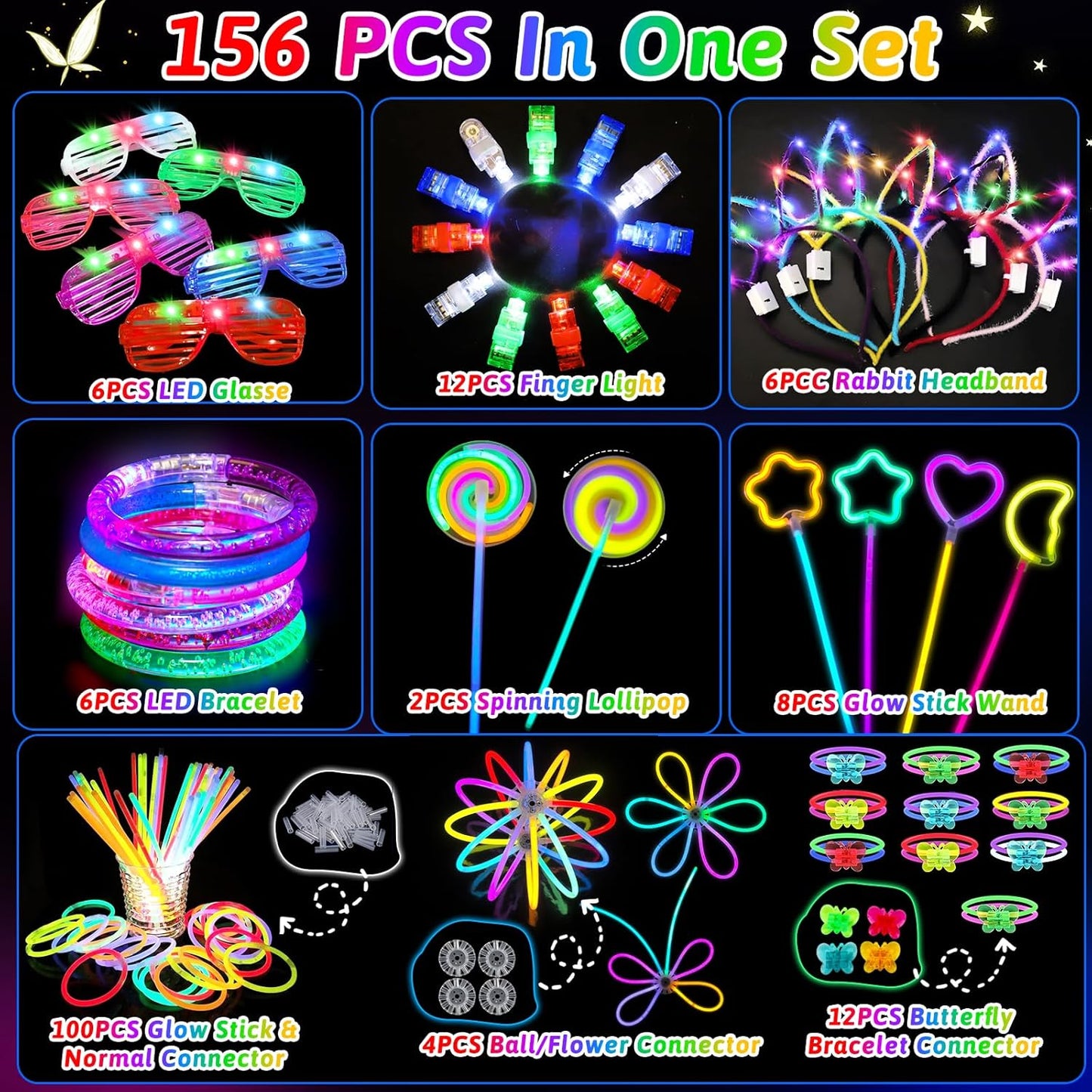 156PCS Glow in The Dark Party Supplies for Kid/Adults, Christmas LED Light Up Toys with 100 Glow Sticks Bulk Party Pack Glasses Headband Bracelet Necklaces New Year Eve Party Favors Neon Accessories