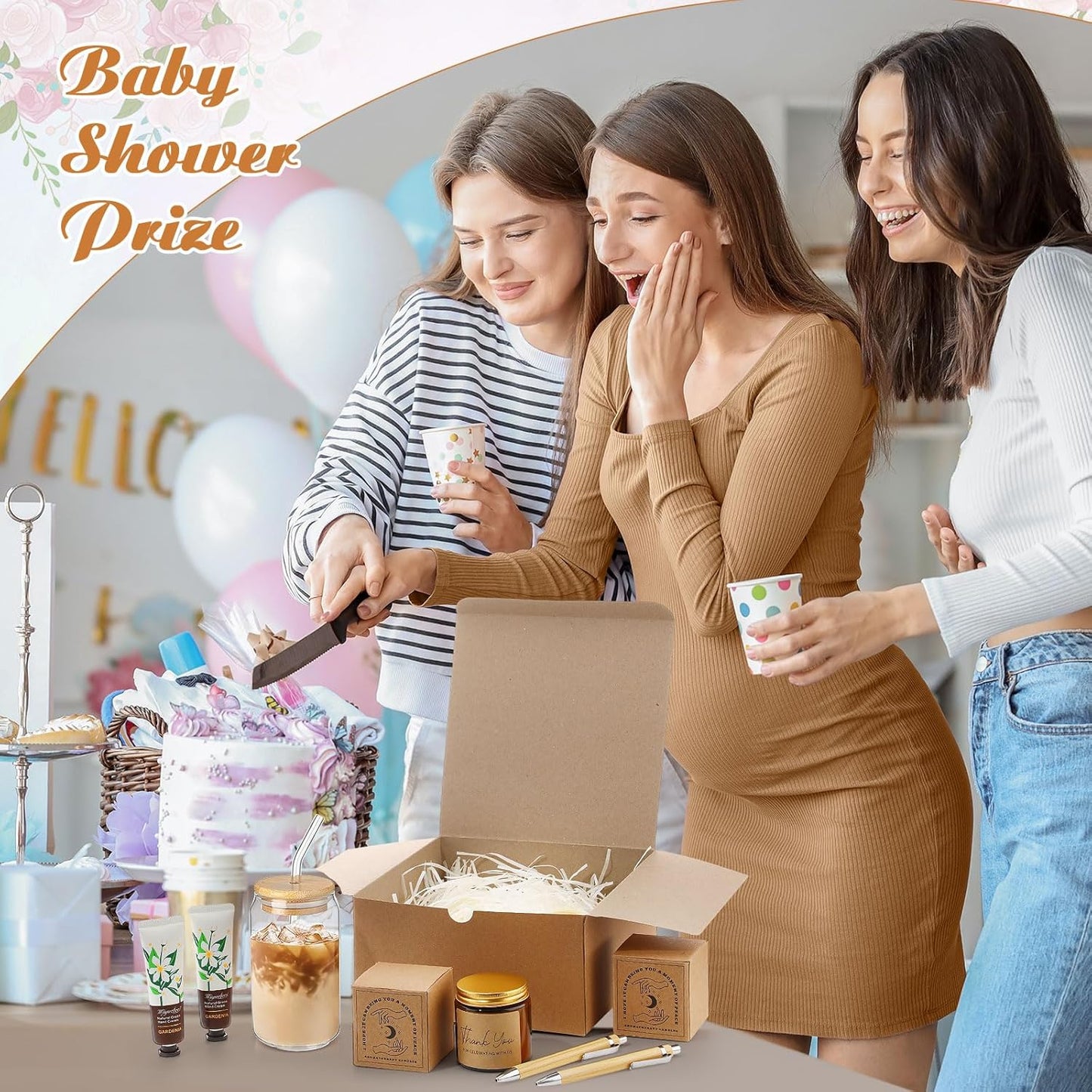 6 Sets Baby Shower Game Prizes for Winners, Glass Cup Scented Candles Hand Cream Pens Gift Box with Raffia for Baby Shower Wedding Bridal Favors for Guests(Khaki)