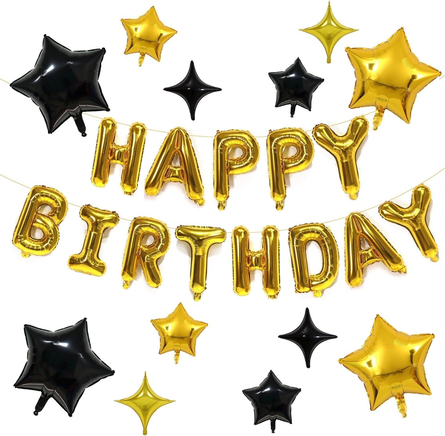 KALOR Gold Black Happy Birthday Balloons Kit with16 Inch Mylar Foil Letters Balloon and Star Balloons for Women, Men, Boys & Girls Kids Birthday Decorations Photo Backdrop
