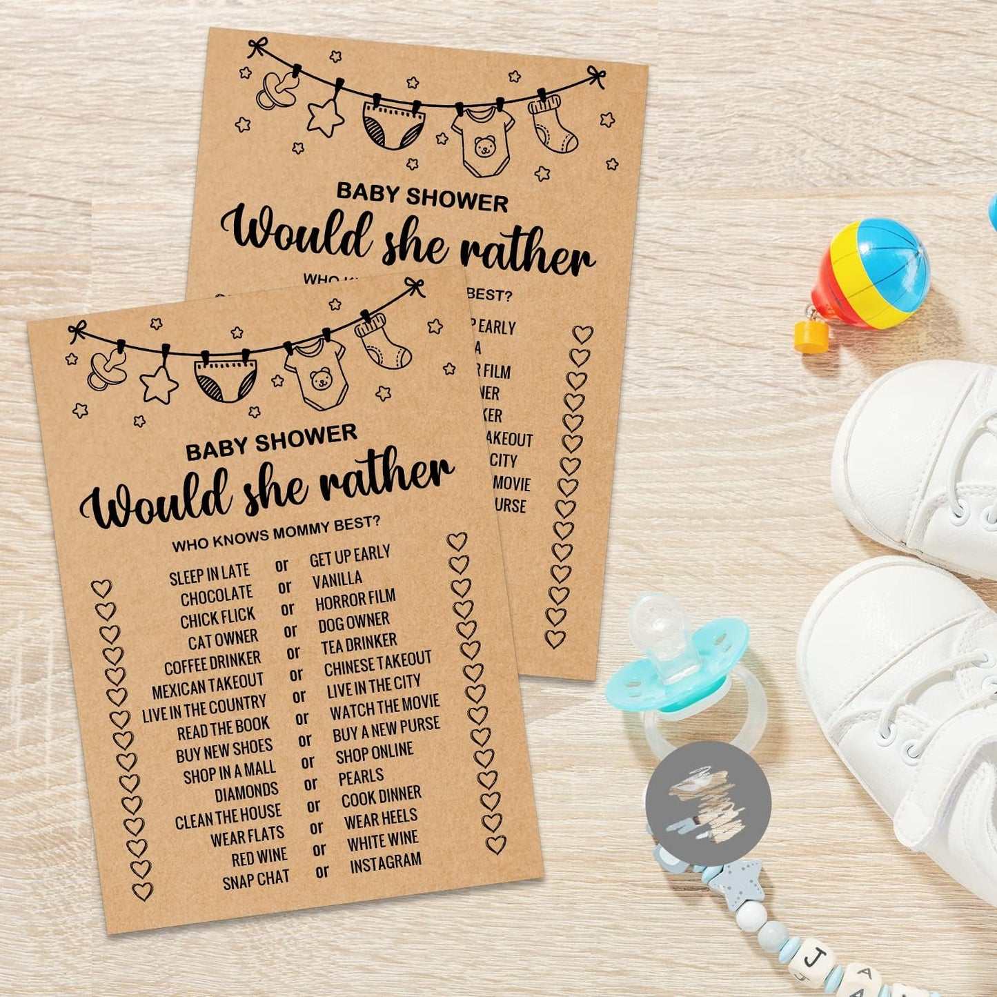 Baby Shower Game Cards, Would She Rather Baby Shower Games Ideas, Set of 30 Cards, Rustic Bridal Wedding Showers or Bachelorette Party Game, Kraft