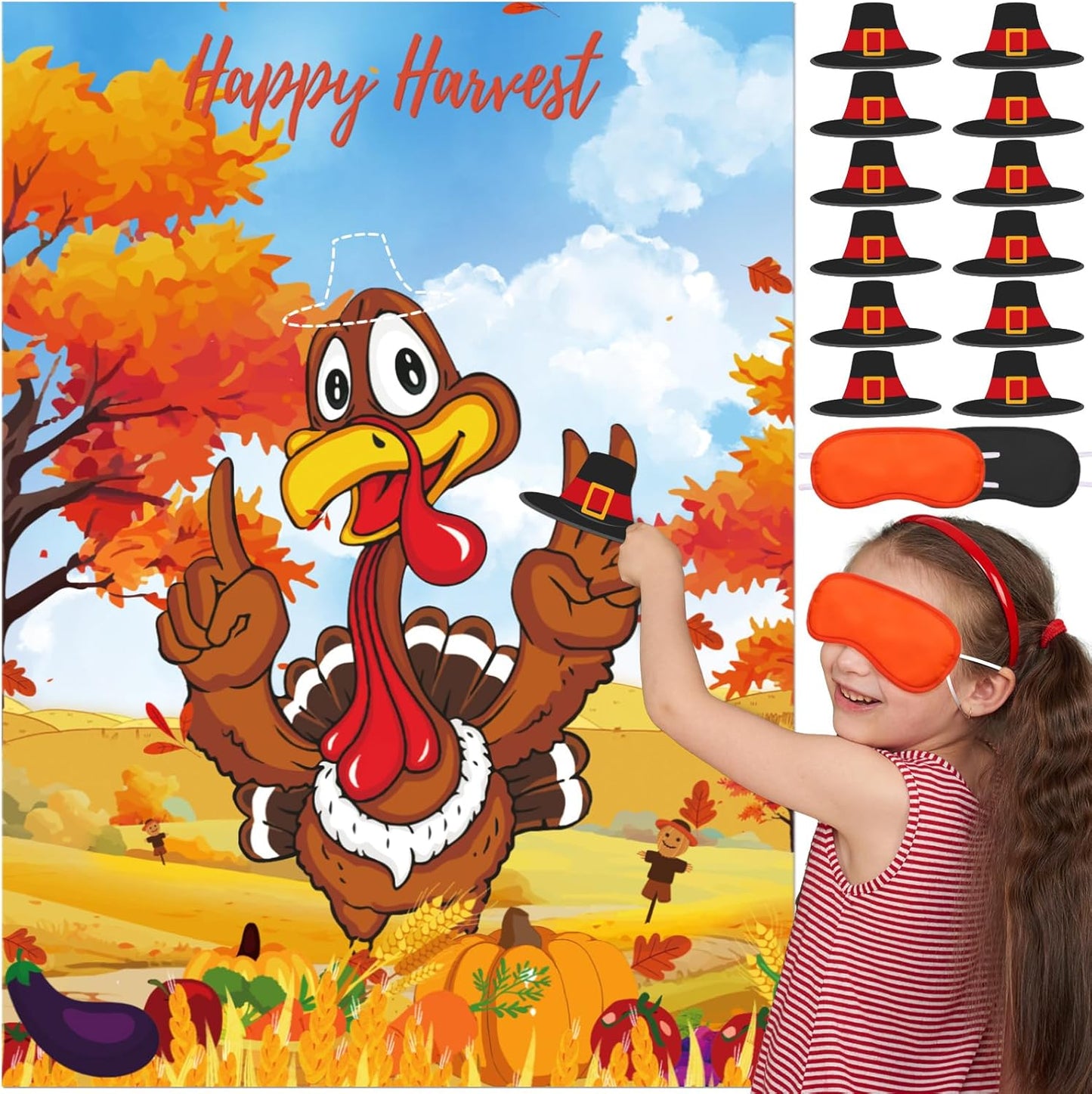 Upgraded, Fall Festival Games for Kids, Pin The Hat on The Turkey, Funny Thanksgiving Games, Classic Design, with Premium Poster, Reusable Stickers, Eye Mask, Ideal Friendsgiving Party Decorations