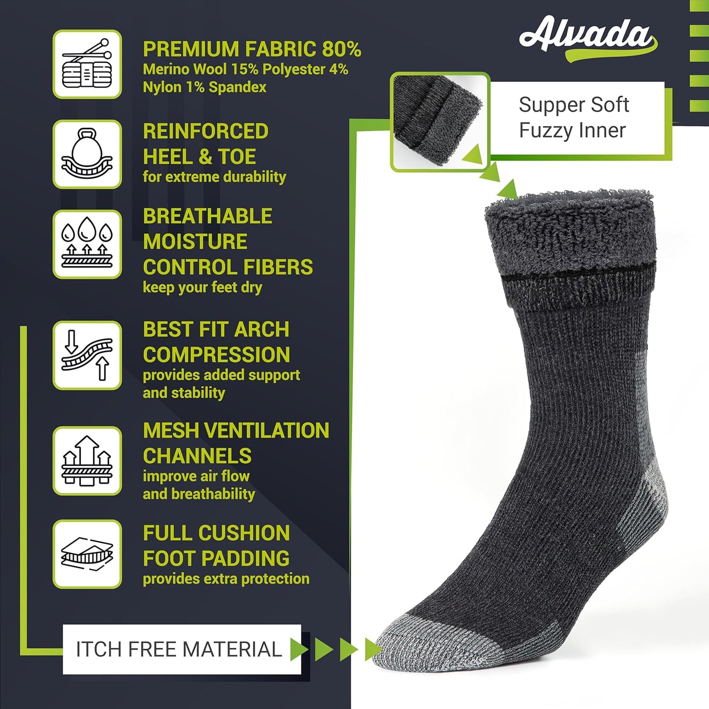 Alvada Warm Thermal Wool Socks for Winter Moisture Wicking and Breathable Cozy Boot Socks