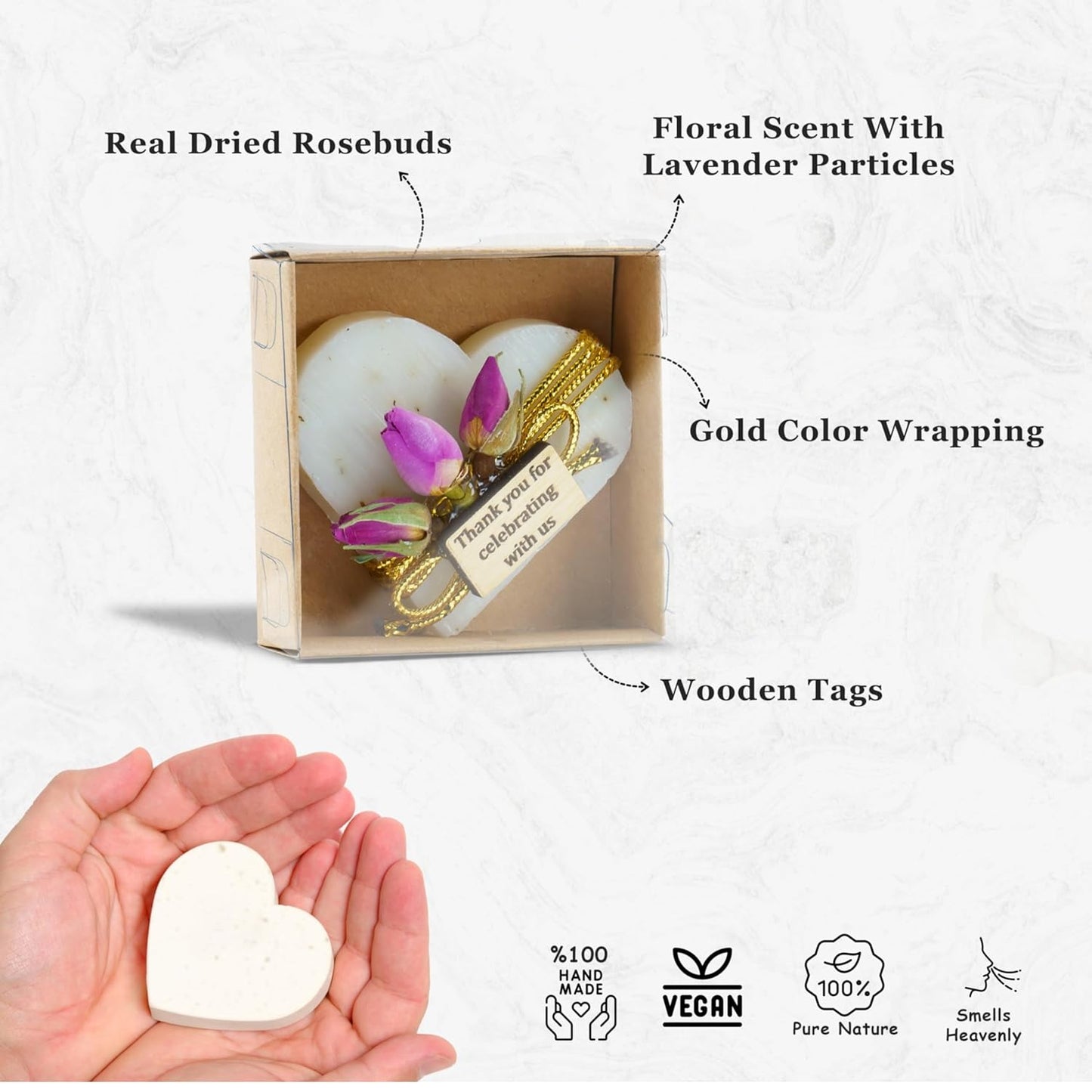 Heart Shaped Soaps 12-Pack, Handmade Scented Mini Soaps for Bridal Shower Party Favors, Wedding, Baby Shower & Engagement Gifts for Guests, Thanks You for Celebrating with Us Wooden Tag