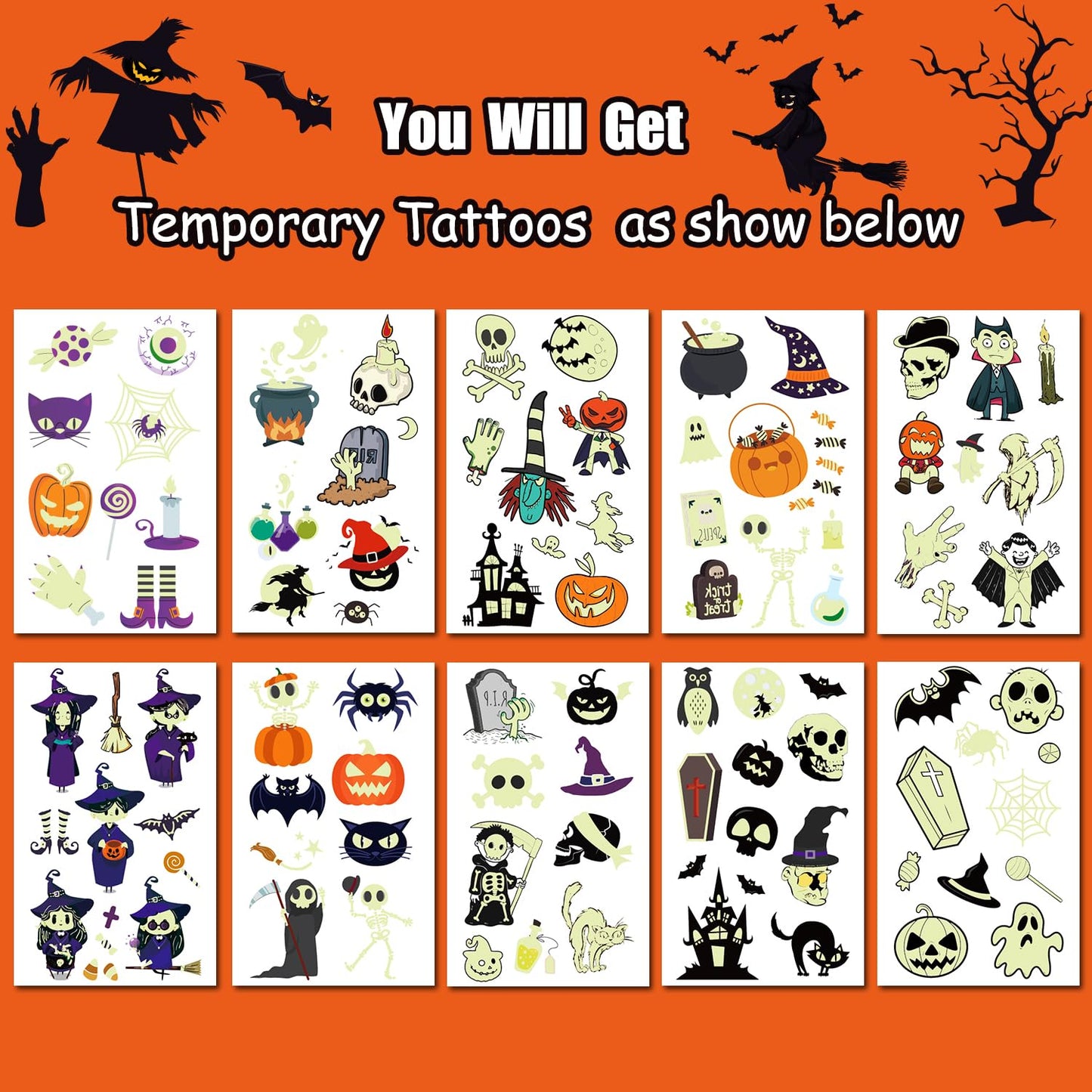 JCFIRE Glow Halloween Party Supplies, Halloween Temporary Tattoos for Kids Party Favors, Birthday Party Decorations Activities Games Accessories, Goodie Bags Fillers