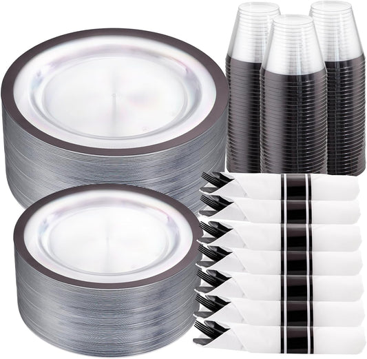 I00000 210 Pcs Clear and Black Plastic Plates, Halloween Disposable Dinnerware Set, Include 30 Dinner 30 Dessert Plates,30 Plastic Cups 9 OZ,30 Pre Rolled Napkins with Cutlery for Halloween Party