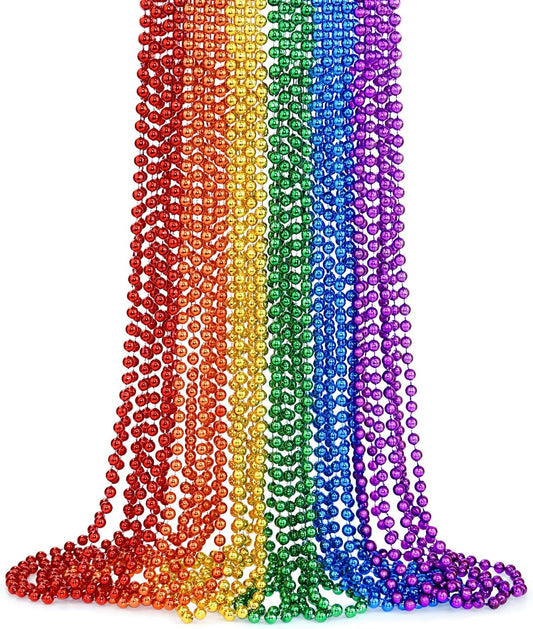YAXINRUI 24 PCS Pride Beads Necklaces Bulk, LGBTQ Pride Beads Accessories Metallic Rainbow Bead Necklaces Stuff for Gay Lesbian Pride Month Parade Throws Pride Party Favors in 6 Colors