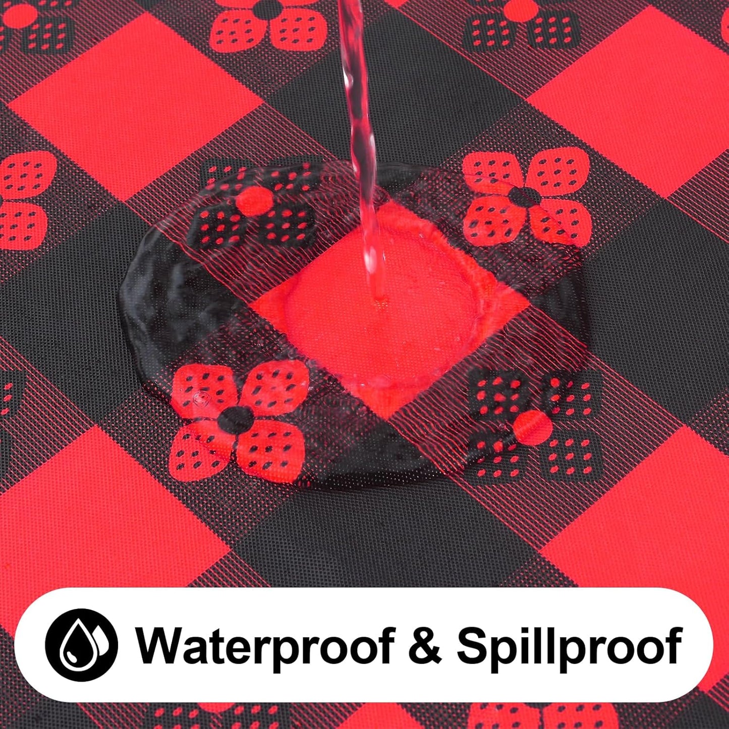 Rectangle Vinyl Table Cloth, Waterproof Elastic Fitted Tablecloth with Flannel Backing, Plastic Table Cover for Picnic, Camping, Outdoor (Black & Red, 30"x72")