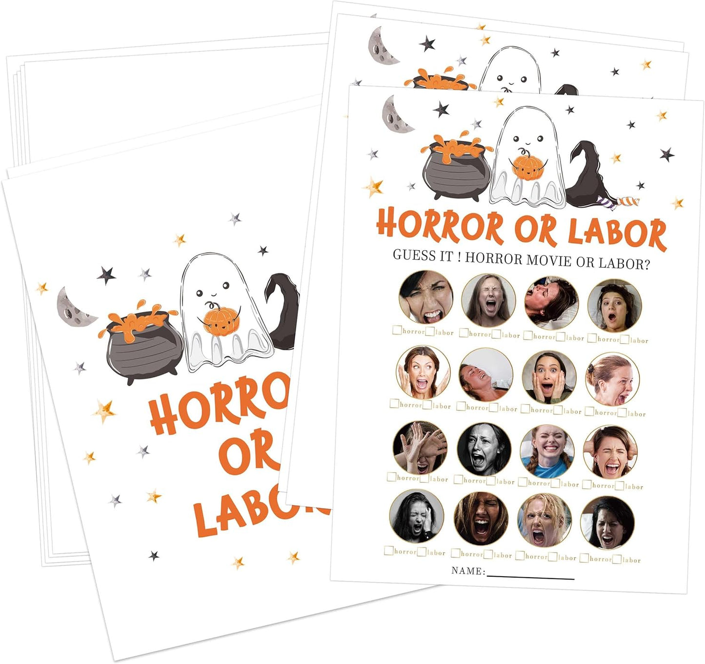 Labor or Horror Halloween Baby Shower Game, 30 Halloween Gender Reveal Games for Guests (Included Answer Card) 5x7 inch, Perfect for Neutral Gender Reveal Decorations Party Favors Supplies